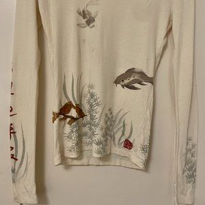 LUCKY BRAND LONG SLEEVE OFF-WHITE KOI T-SHIRT SIZE M